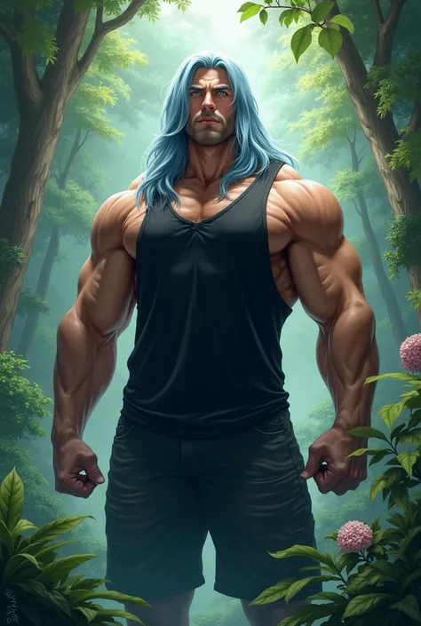 A strong guy with light blue long straight hair, light blue eyes, in a black sleeveless tank top , nature in the background