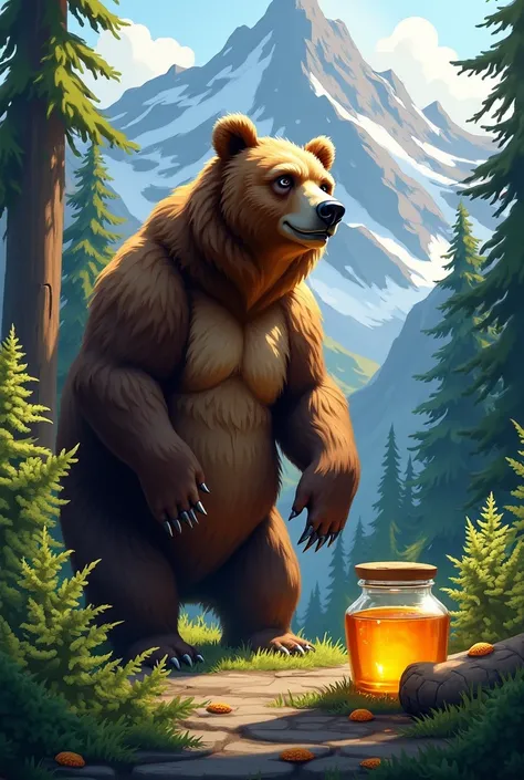 create a bear in the forest on a mountain with a jar of honey 