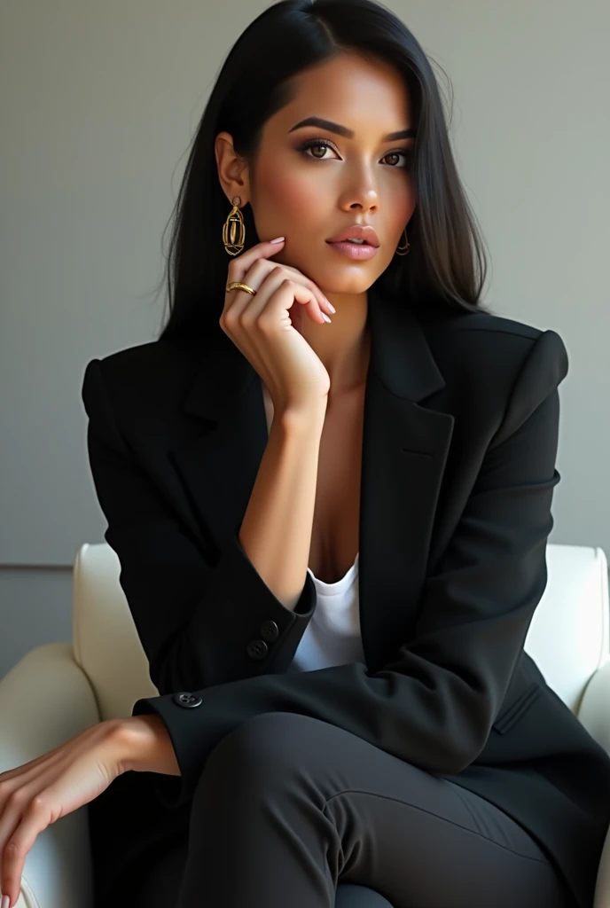   Generate a very realistic and natural photo of a beautiful 35-year-old Brazilian woman with tanned skin ,  straight and long black hair  ,    is wearing perfect makeup   ,   golden earrings, Are you wearing a black blazer  ,  white shirt and black pants ...