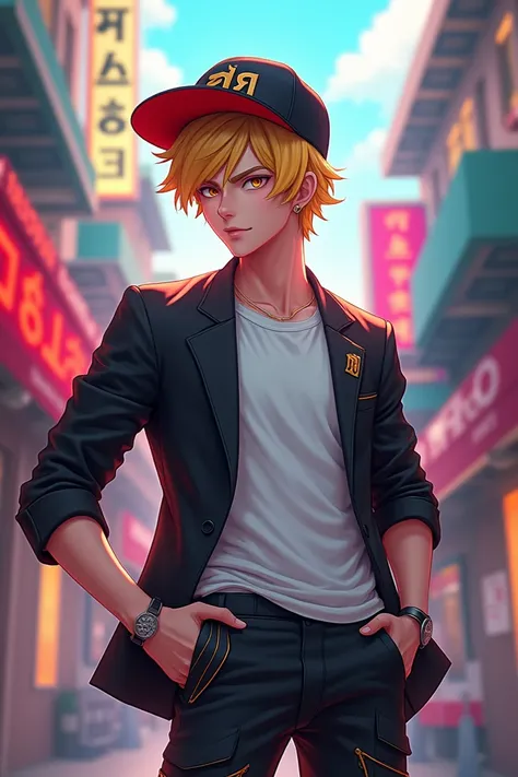 Yellow haired guy, wearing a black and red hat, black office clothes with a white t-shirt, angel pants Thailand free fire