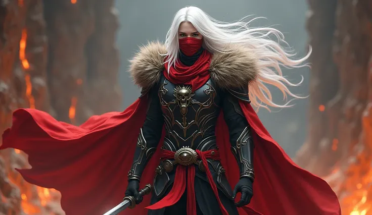 A male character who looks like a demon king。Beautiful Youth、 Dragon Quest、Despisaro 、 long white hair flutters in the wind 、 The exterior makes you feel majestic and ruthless 。 has a red bandana wrapped around the forehead 、 demon king 、 part of the face ...