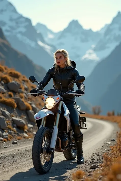 Blonde woman, french cut hairstyle, Age approx. 40 years,  goes with big enduro motobike and sexy enduro clothes in the mountains