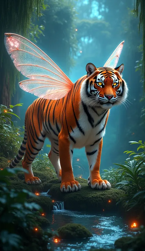 "Design a tiger-dragonfly hybrid. Its body is sleek and muscular, with vibrant, glowing stripes and translucent, shimmering wings. The tigers fierce eyes are enhanced by the compound gleam of an insect, and its claws click with an insectoid sharpness. Plac...