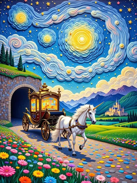 3D 3D oil painting，Van Gogh oil painting，Fingerprint oil painting，3D relief，Dreamy colors and details。 There is an old carriage pulled out of the tunnel by a beautiful unicorn。The unicorn is as white as snow ， shines brightly on the corner 。The horse-drawn...