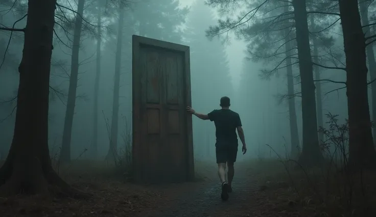 "forest,  covered in dense fog and dark . An ancient ,  A rusty door stands alone ,  has no connection with anything around .  Pale ,  Brown and gray tones prevail in the background . A runner ,  is seen approaching the door with his back facing the camera...