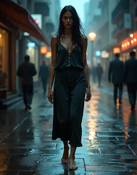 Realistic, theme is "walking in the rain", a city with wet and shining cobblestones, a woman walking barefoot in the rain while crying, soaking wet, tears running down her cheeks, serious scene, sophisticated design, advanced lighting technology, live-acti...