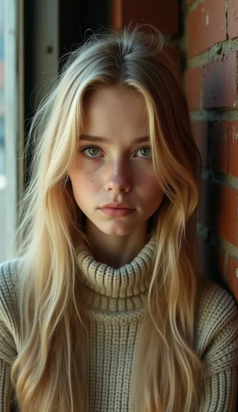 A girl with green eyes and fair skin ,  long blond hair , In a closed sweater ,  her face in the center of the frame against a brick wall.