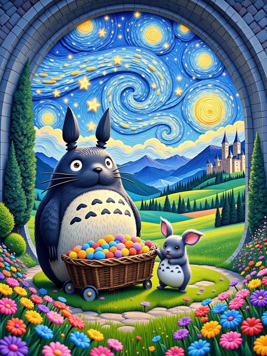 3d 3d oil painting，van gogh oil painting，fingerprint oil painting，3d relief，dreamy colors and details，my neighbor totoro and the...