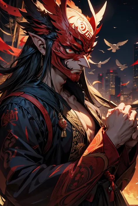 tornado、od-shaped nose 。Tengu，elder。his face is hidden in a red mask。many birds 。 Kampala  ，8k、The background is Mt、masterpiece、Hes a charming elder.。