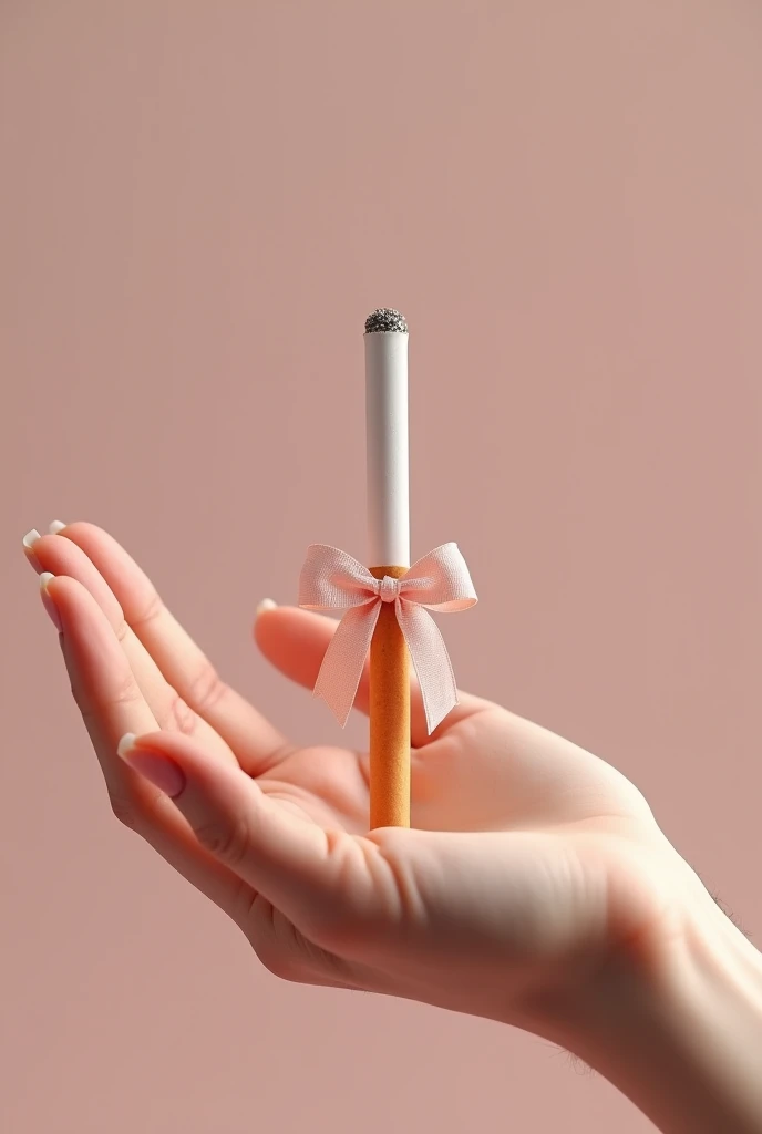 A very small cigarette with a feminine pink ribbon. The same is on the palm of the hand