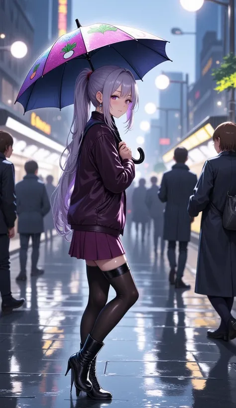  mature beautiful woman with ,( best quality, very detailed depiction, Incredibly Absurd Hi-Res,High quality anime drawings:2.0),( Woman Walking Down Main Street In The Rain ,winter coat , tight skirt on the express train,Shiny Cloth ,Winter clothes, earri...