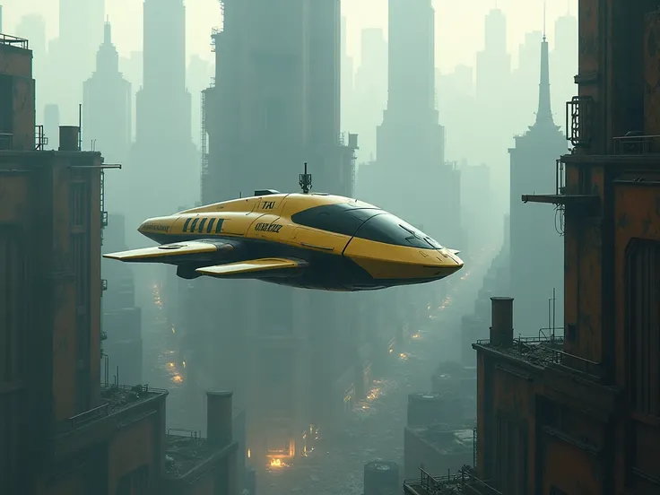 Flying taxi in an apocalyptic futuristic city perspective