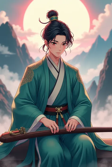  Japanese anime HD  , The image of a young Tao playing a long Chinese instrument GuZheng on his lap  ,  A high-contrast image shows an 18-year-old Chinese male cheerleader , very handsome,  black-haired teenager ,  strong athlete ., There is a picture  ,  ...