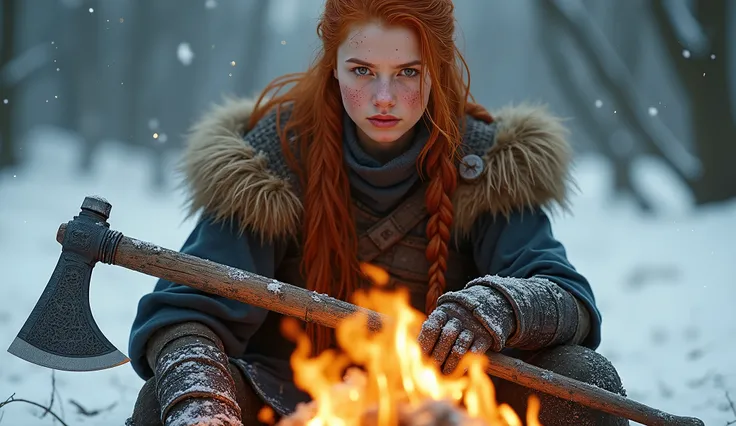  женщина 17 лет в скандинав викинг сидит в  snow у с топором, very beautiful barbarian woman ,  very beautiful berserk woman , barbarian woman , Red-haired queen in heavy red armor, amorant,  female barbarian warrior , amorant as a super villain, glamorous...