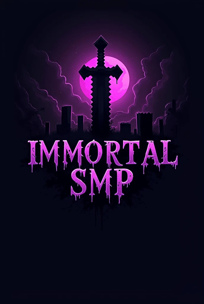 Make me a logo of minecraft discord server with the text " Immortal SMP " like lapata smp, make the theme in dark purple,  so its look like deadly minecraft server, also keep the theme in minecraft as far as possible with sword