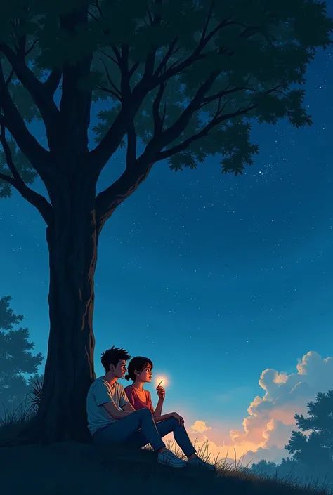 Two young people smoking from the back at the foot of a tree looking at the starry sky 