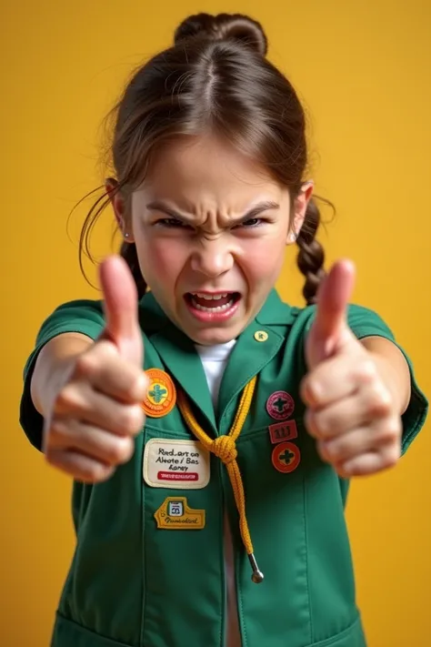 Scout girl with thumbs down, her angry, and zoom in at her thumbs down