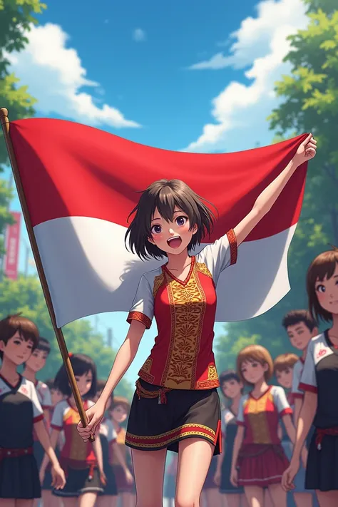 Anime people holding Indonesian flag 