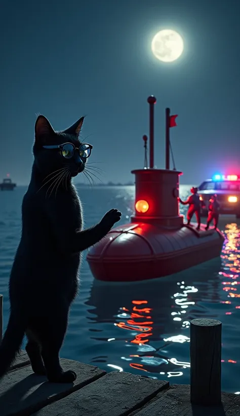 A sleek black cat (The Professor in transparent glasses with black frame) stands on a dock, gesturing toward a tiny, red-painted submarine. Behind him, the crew of cats, still wearing their jumpsuits, rushes aboard while the flashing lights of police cars ...