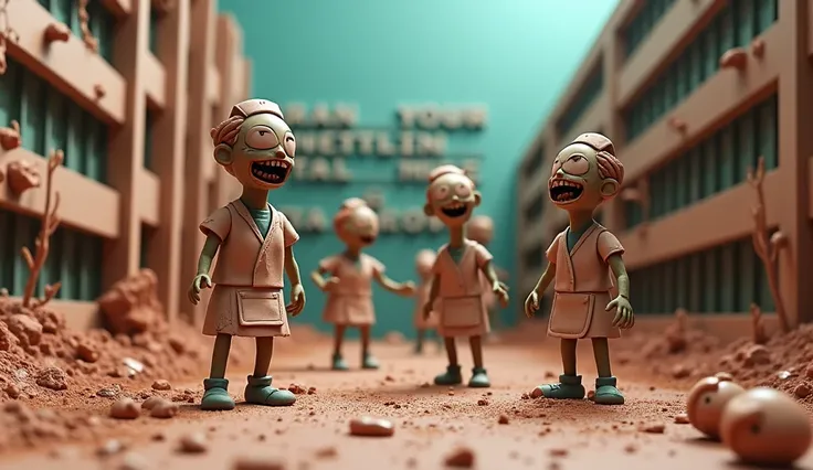  Look Down :  animated group of post-apocalyptic zombie nurses made of clay, outside :  downtown hospital made of clay . powdered clay  . Diorama. Everyday Scenes.  dark comics .  pop sour colors .