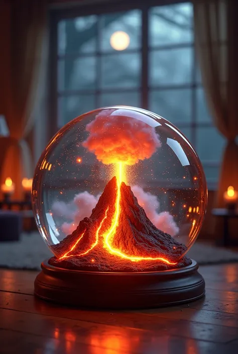 
“A luxurious living room with a fireplace, featuring a giant snow globe placed on the wooden floor. Inside the snow globe, an awe-inspiring volcanic scene comes to life. A towering volcano stands at the center, glowing with intense orange and red hues as ...