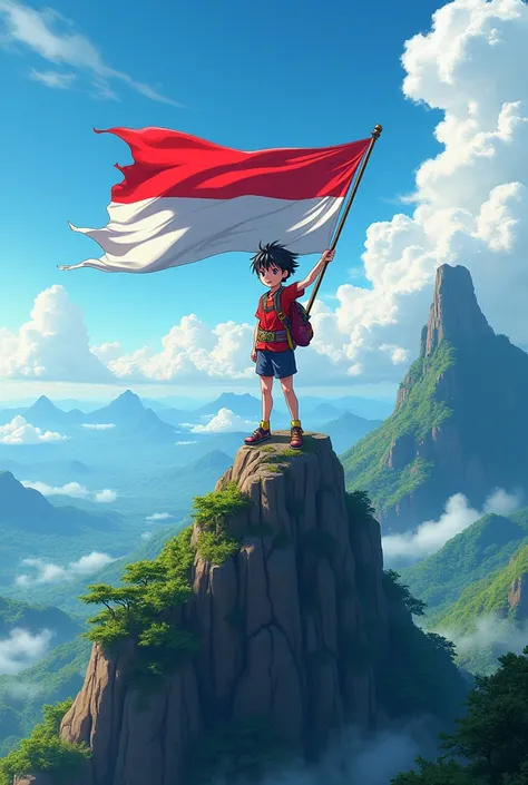 Anime person holding Indonesian flag on mountain 