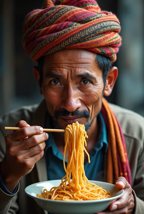 Nepali man dhaka topi slurping noodles