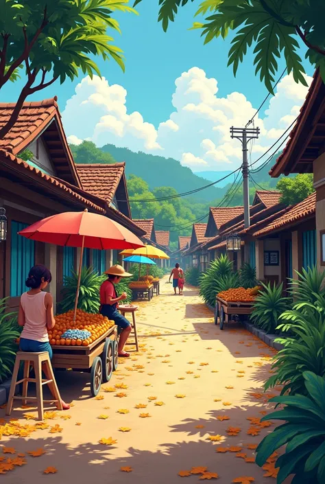 make a background about the "Surroundings like pathways with different houses with leaves on the ground and some people selling fish and fruit in the side, in the Province of the Philippines" 