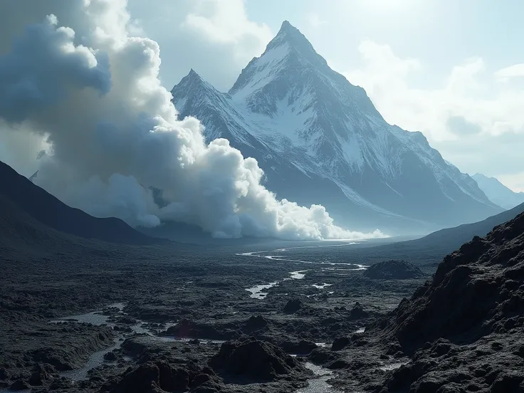 Imagine: A dramatic volcanic landscape with black lava fields and steam rising. 8k, ar 16:9 --v5.2