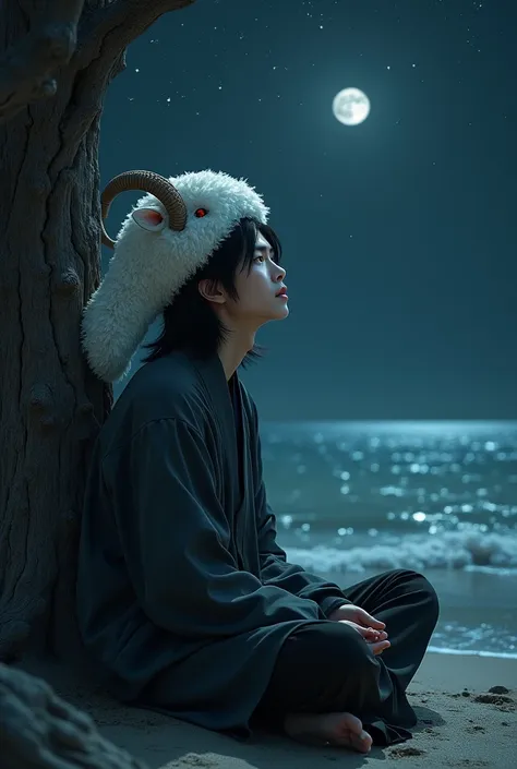 ((Masterpiece)), ((detailed)), ((best quality)), ((4k)), Asian looks, guy, medium black hair, wearing Head white sheep On his head, red eyes, crying, sitting on the sea side shore, at his behind have a trunk of old tree, Night and sea shore background, sta...