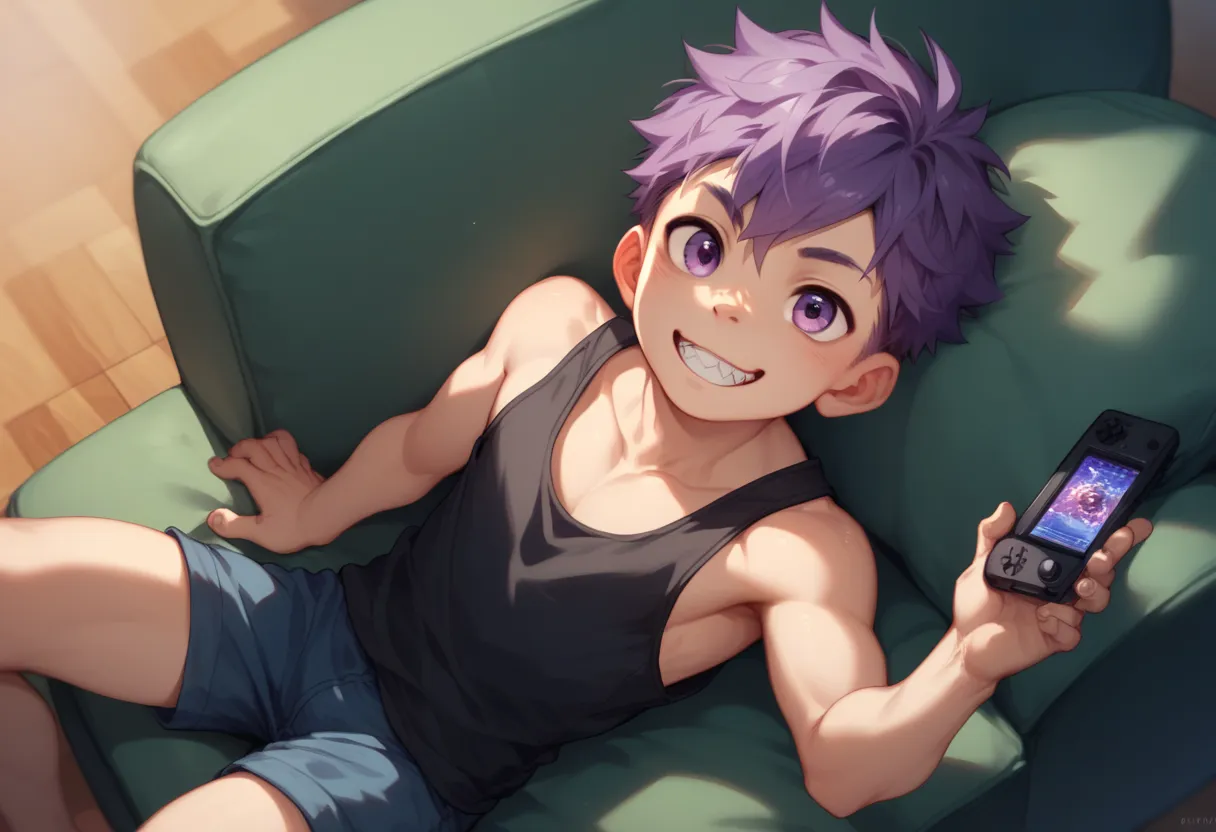 a handsome cute little young boy 3yr,was playing console games,messy short purple hair and purple eyes,wearing black singlet,fro...