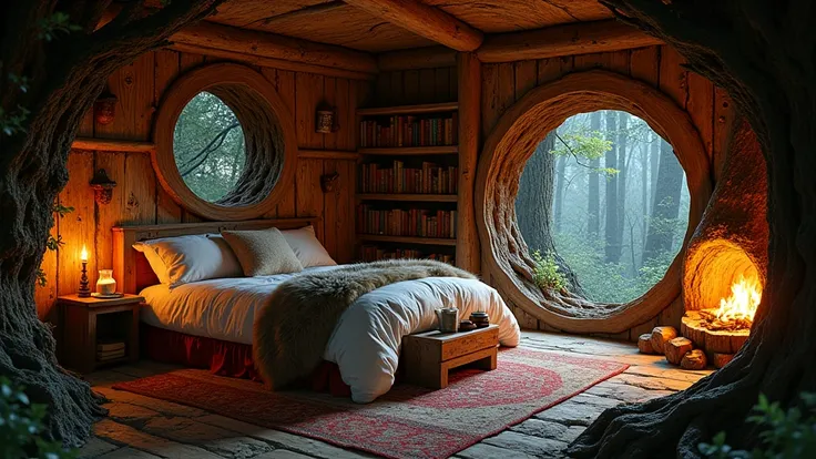 in cozy a fairytale hobbit  house interior  with cozy  Library  . a cozy coffee can and a coffee cup, a pile of firewood, carved into the heart of an ancient tree, creating a charming, tree sanctuary. The walls of the room are formed by the natural curves ...