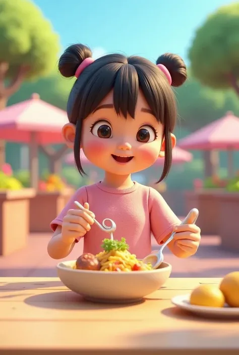 girl is holding bowl with left hand, inside the bowl there are noodle and meatballs inside the bowl, right hand holding spoon, as she wants to eat the meatball and boy wearing glasses happily sitting around the table. pink sky and blue trees, food stalls i...