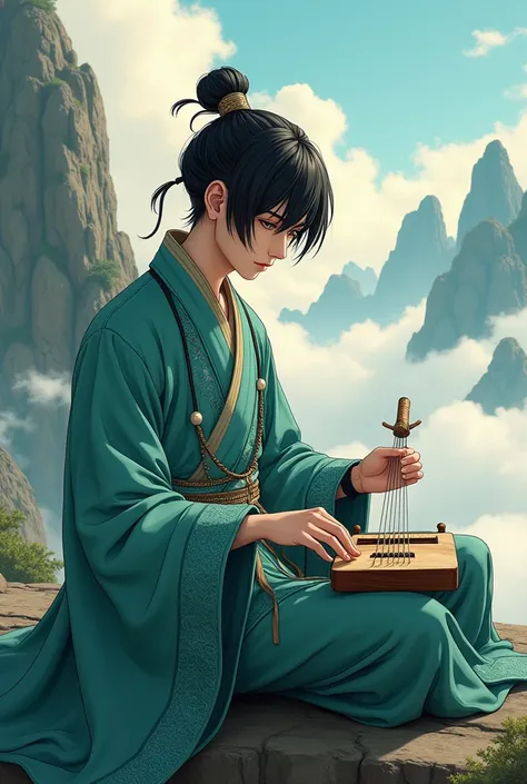  Japanese anime HD  , The image of a young Tao playing a long Chinese instrument GuZheng on his lap  ,  High definition image shows an 18-year-old Chinese man with corkscrew hair , very handsome,  black-haired teenager ,  strong athlete ., There is a pictu...