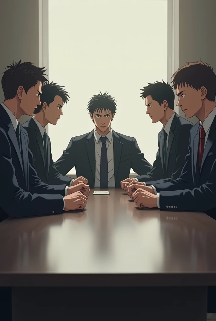 (photorealism:1.2), 7 men sitting around a rectangle long business table, all serious. The angle is from the edge of the table, anime