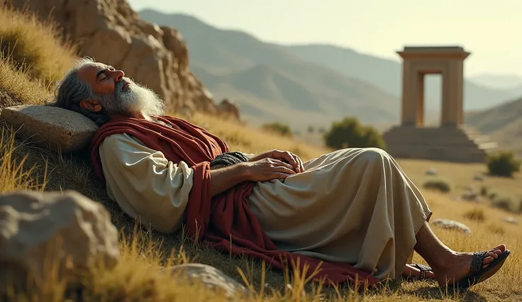 Image showing a gray-haired man, bearded and long hair, wearing characteristic biblical clothing, in front of an altar; sleeping deeply, biblical hill in the background;