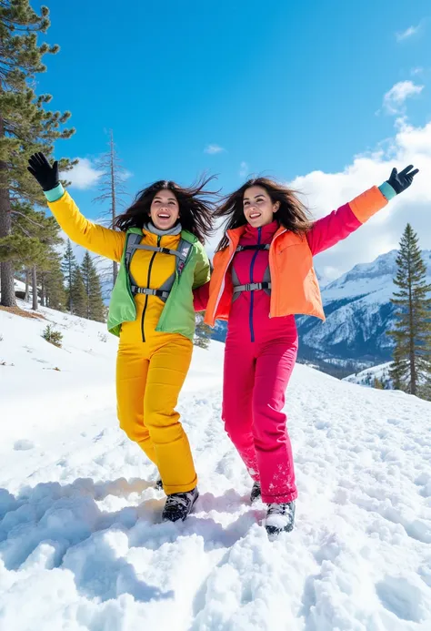  two women ,  dark hair , in whippy bright ski suits,  having fun , winter,  loose snow ,  bright sun , blue sky , small mountains ,  spruce in snow 