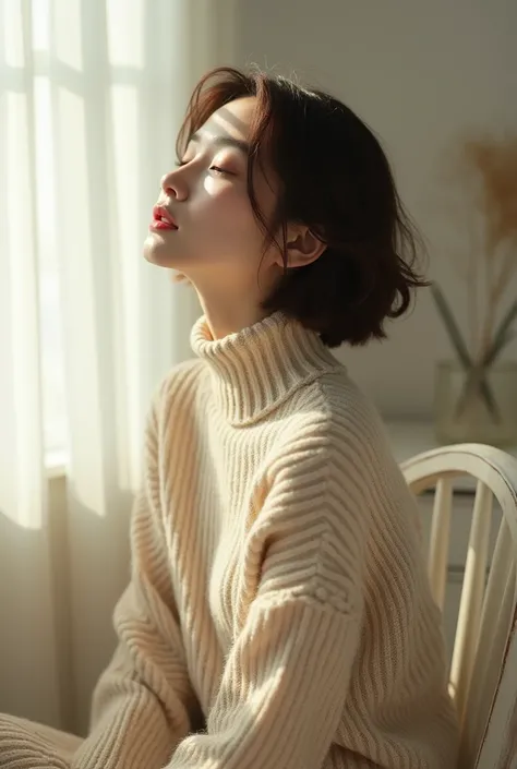 (( best quality)), ((masterpiece)), (  Details),  1 girl , Japanese beautiful woman、 short hair、In a room with white walls、White furniture、Light from the window、 hazy room 、Beauty、 pretty girl、 beige high neck knit、Face to face up 、Hair is messy 、 brown wa...