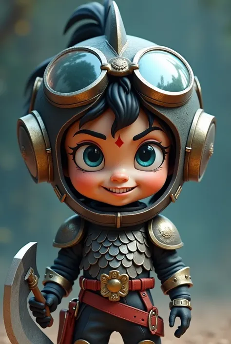 disney pixar 3d art style. Cute Boy Character:
Expressive face with bright blue eyes, arched eyebrows, and a small nose.
A red tilak on the forehead adds cultural charm.
Upward swooped glossy black hair with playful energy.
The shape of fish  helmet made b...