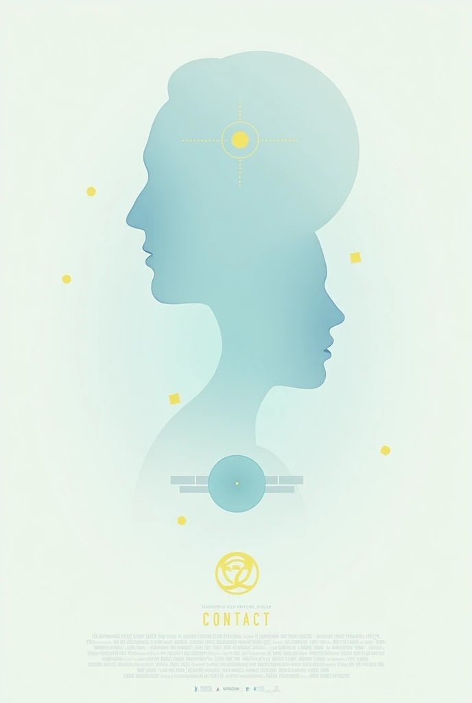   Make a poster for the movie Contact  . Minimalist, of design  . En tonos blancos, elegante. With light blue and yellow tones but also maintaining minimalism in color. Con elementos que conecten con el argumento de la pelicula protagonizada por jodie fost...