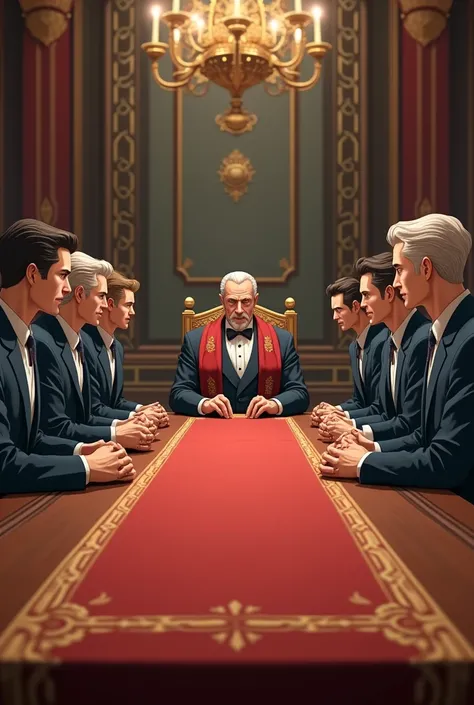 (photorealism:1.2), 7 men sitting around a rectangle very long business table in distances, all serious. One man is the king and the others are nobles. The angle is from the edge of the table, anime