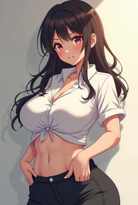 Anime girl with giant breasts in a white shirt and dark pants 