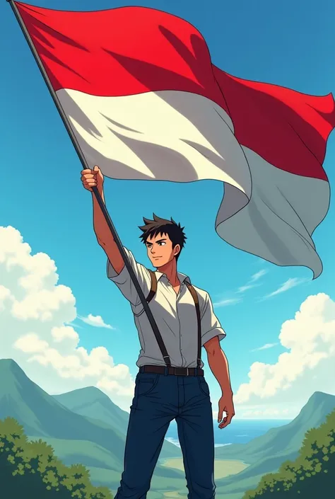 Anime of a young man raising an Indonesian flag 