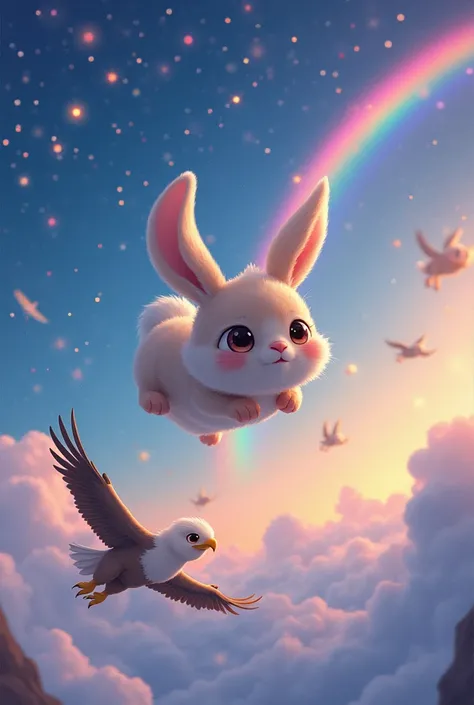 A rabbit .  flies and there is an eagle chasing him. The sky is full of stars and rainbows 