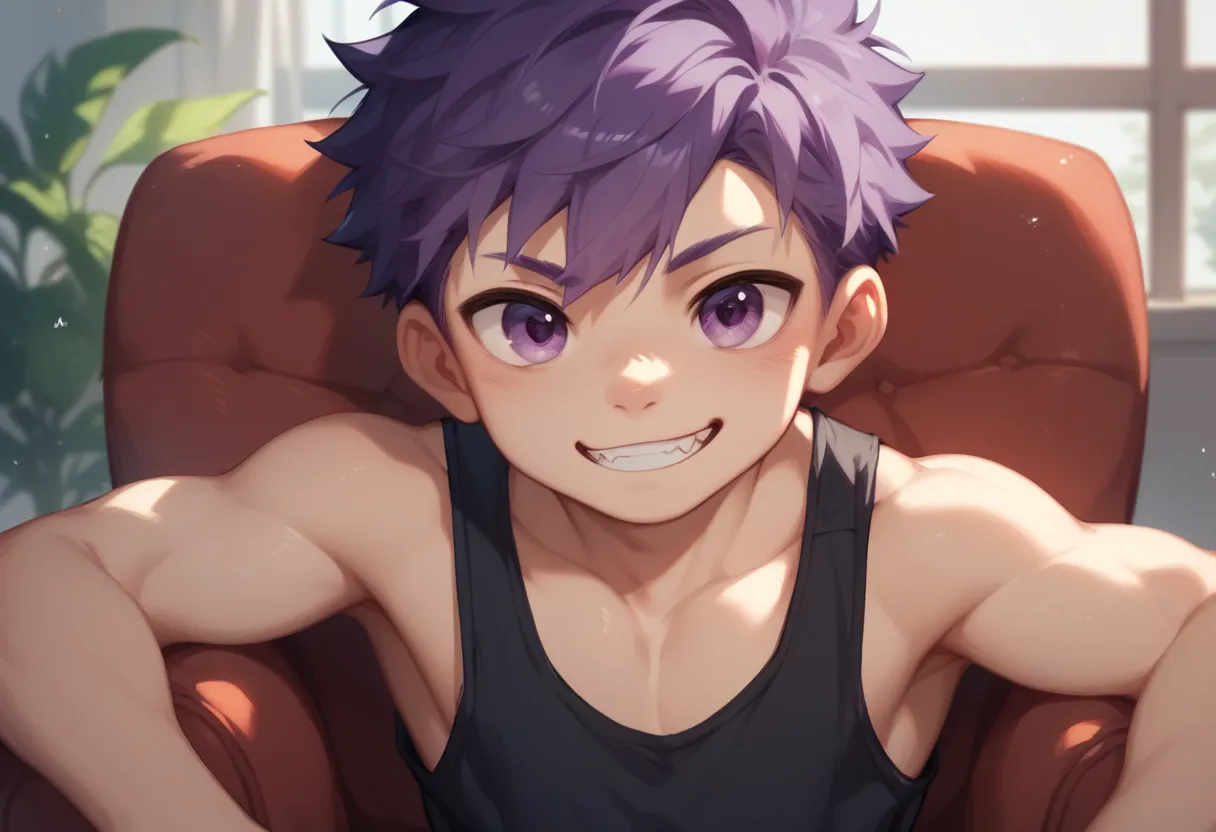 a handsome cute little young boy 10yr,was playing console games,messy short purple hair and purple eyes,wearing black singlet,fr...