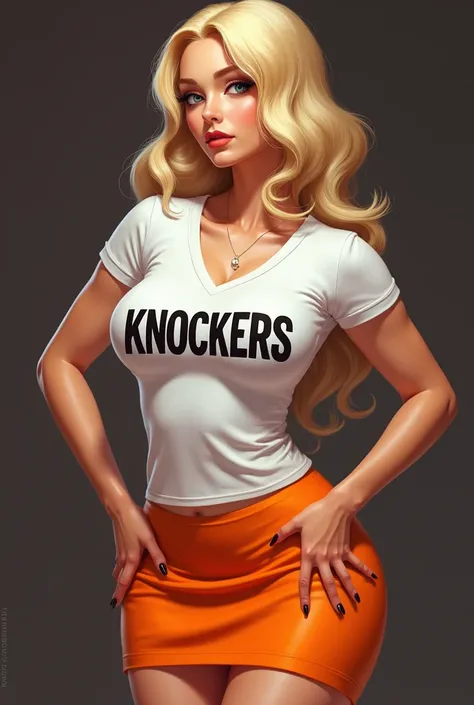 Busty slim blonde with white tight t shirt with the words knOOckers on it
and a oranage short skirt