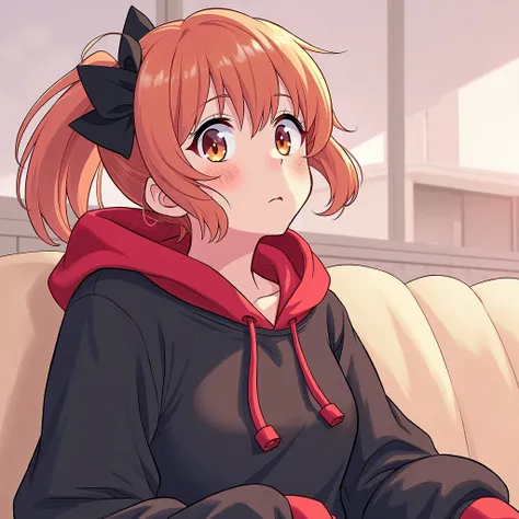 Honoka Kousaka with short hair wearing a black sweatshirt and red hoodie looking down anime style