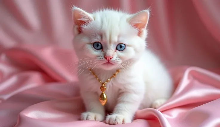 A VERY BRIGHT COQUETTE ROYAL PALE PINK AND WHITE BLUE EYE, BLUE EYE, HD, 8K, KITTEN GROUP PHOTO. MAKE IT SO MUCH ROYAL AND ELEGANT AND HYPER REALISTIC. HYPER REALISTIC/COQUETTE/8K/4K/8K/WEARING SATIN AND GOLD LOCKETS/COQUETTE/COQUETTE/COQUETTE