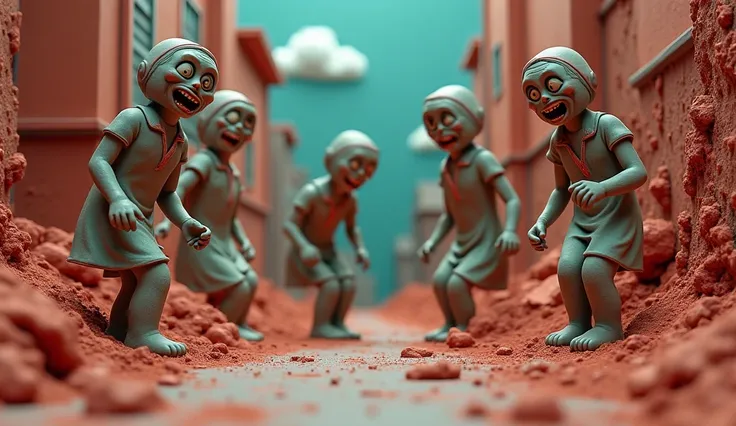  Look Down :  animated group of post-apocalyptic zombie nurses made of clay, outside :  downtown hospital made of clay . powdered clay  . Diorama. Everyday Scenes.  dark comics .  pop sour colors .