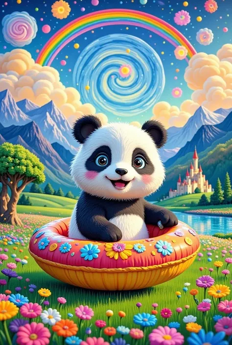  a panda anthropomorphic，Pushing a float ， beautiful scenery 